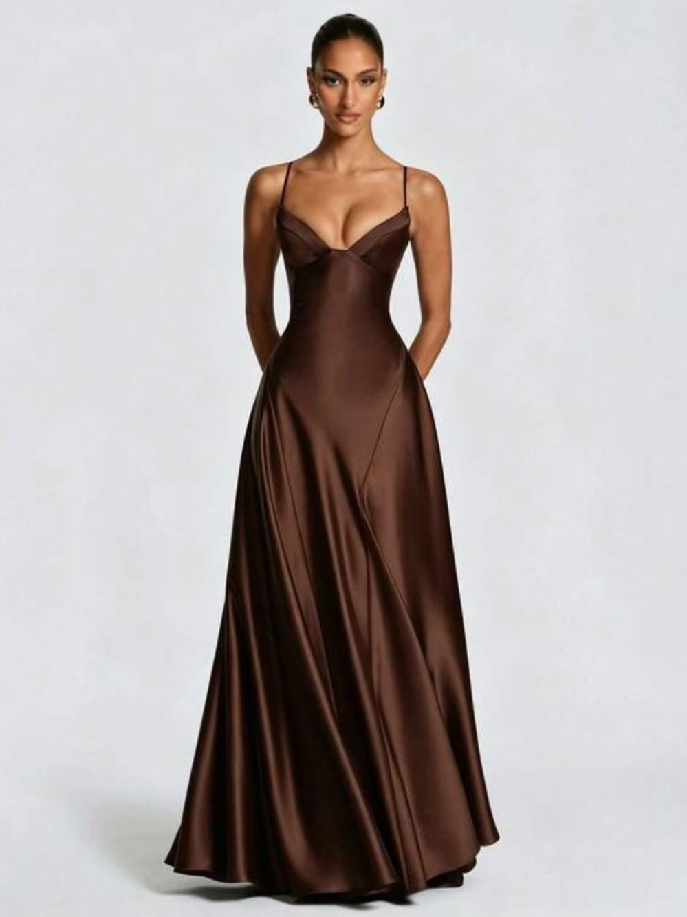 Elegant Chocolate v neck corset satin long dress lace up back for wedding